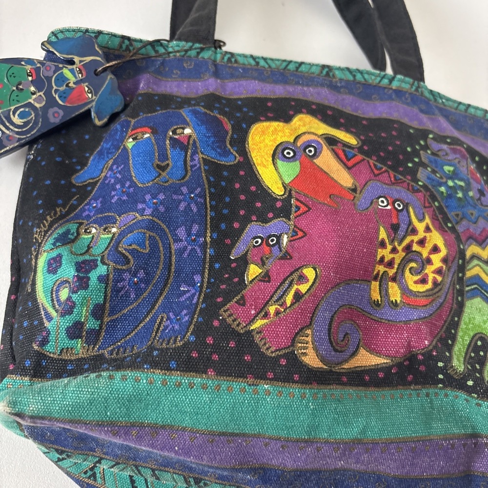Dogs & Doggies Laurel Burch Small Canvas Purse Tote Multicolor Handbag - Picture 2 of 13